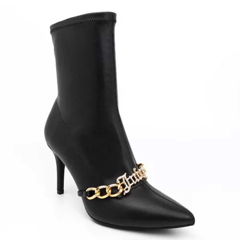 🆕 JUICY COUTURE Women’s Tommi Booties NWT Black Gold Stiletto Boots Size 8.5